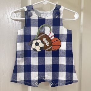 Mud Pie Sports Applique Jon Jon Romper Blue Gingham Boys Size 0-3 Months NWT